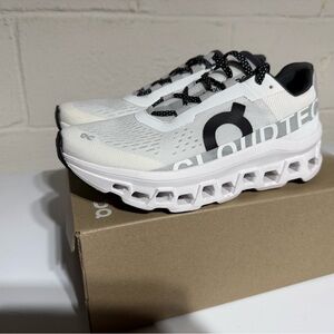 On Running Cloudmonster White and Black Sneakers